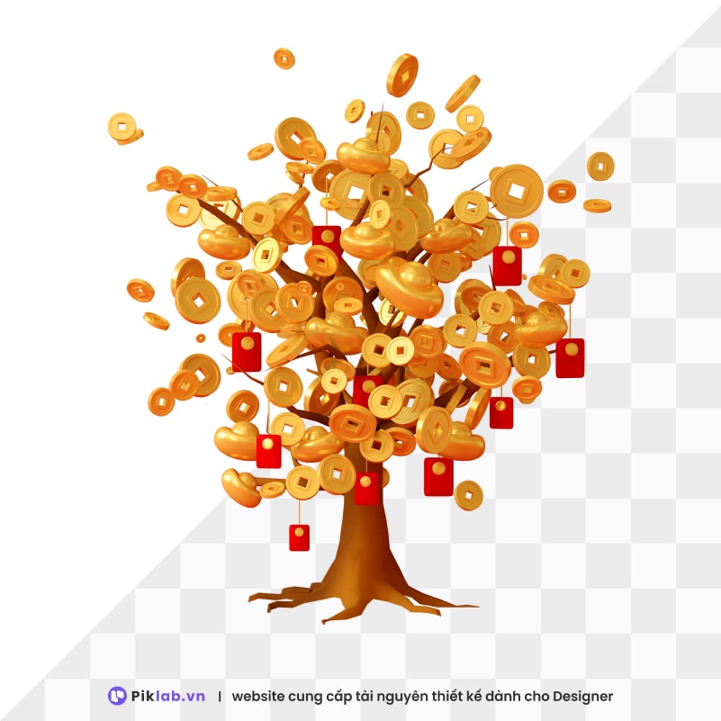 Design resource Golden money tree, lucky money happy new year tet holiday isolated on transparent cây tiền vàng PNG tết